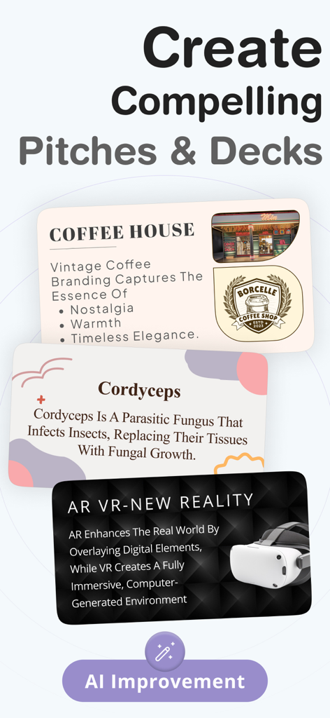 Mobile app interface for DeckAI showing sample presentation slides for coffee branding, biology, and technology with an AI improvement button.
