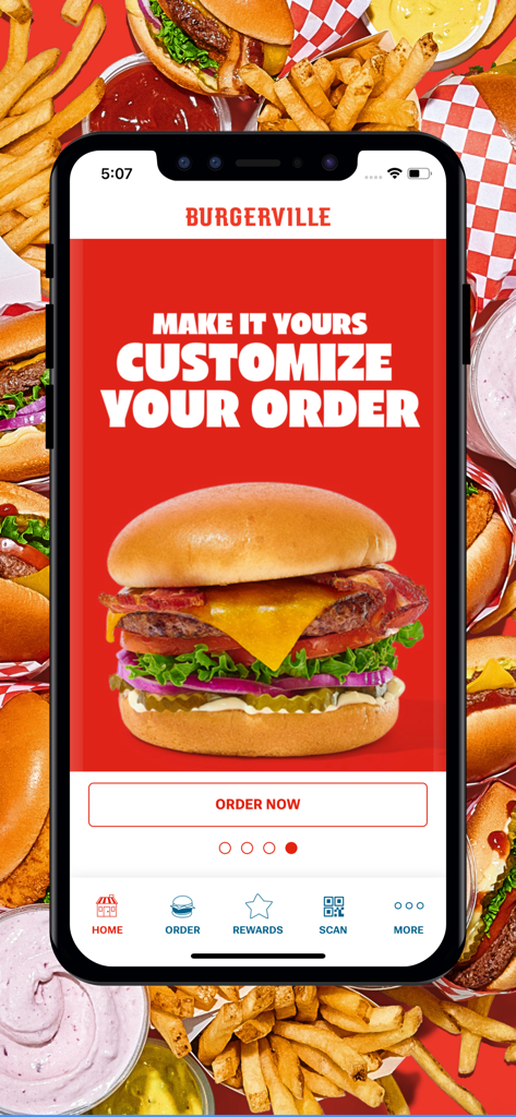 Burgerville mobile app interface showing a delicious burger and the option to customize an order.