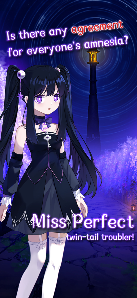 Personnage d'anime Miss Perfect avec des couettes noires se tenant devant un phare sous un ciel étoilé.