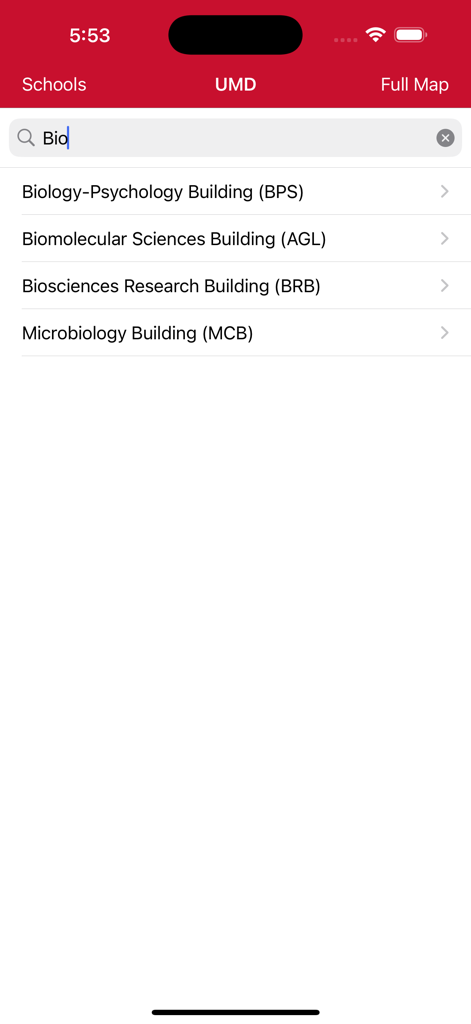 Interface de pesquisa do aplicativo Campus Maps mostrando resultados de edifícios para a Universidade de Maryland UMD