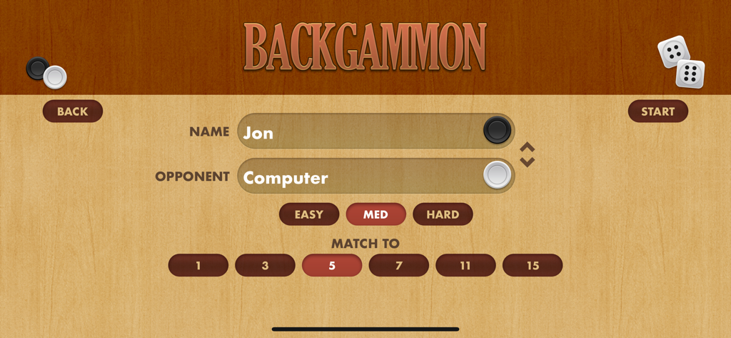 Backgammon Pro game setup screen showing difficulty settings and match points selection