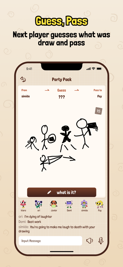 Interfaz móvil de TeleDraw que muestra un dibujo de figura de palo en la fase de adivinanza y paso con chat de jugador