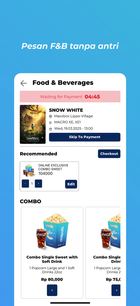 Aplicativo Cinépolis Indonésia mostrando a seleção de alimentos e bebidas para lanches de cinema, incluindo pipoca e bebidas