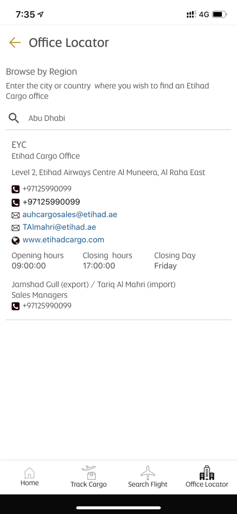 Etihad Cargo - Office Locator interface of the Etihad Cargo app displaying contact information and business hours for the Abu Dhabi office