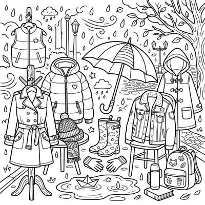 Prepare for a cozy afternoon with this delightful rainy day outerwear coloring page. Featuring various coats, jackets, and accessories, it's perfect for bringing warmth and color to a gloomy day.