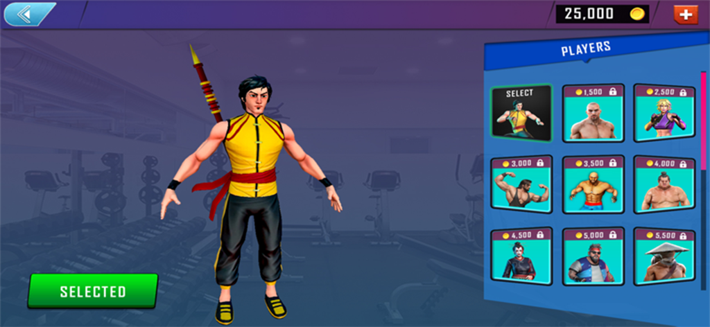 Kung Fu GYM: Fighting Games - Character selection menu in Kung Fu GYM Fighting Games showing a fighter in a yellow vest and a list of unlockable players.