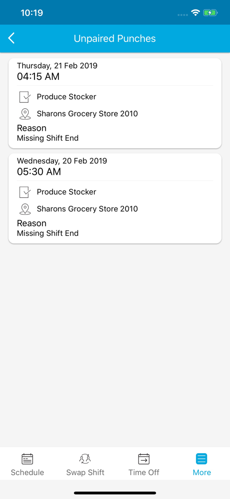 Lista de registros de ponto não pareados no aplicativo móvel Blue Yonder Workforce mostrando extremidades de turno ausentes para um estoquista de produtos