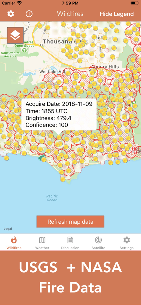 USGS 및 NASA의 기술 데이터와 함께 위성 산불 감지 기능을 보여주는 지도