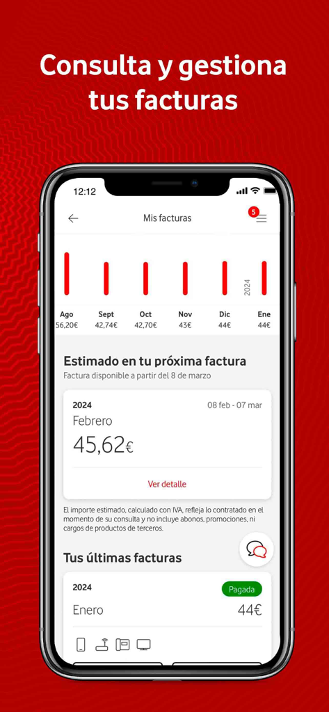 Pantalla de la app Mi Vodafone para ver y gestionar facturas mensuales e historial de facturación.