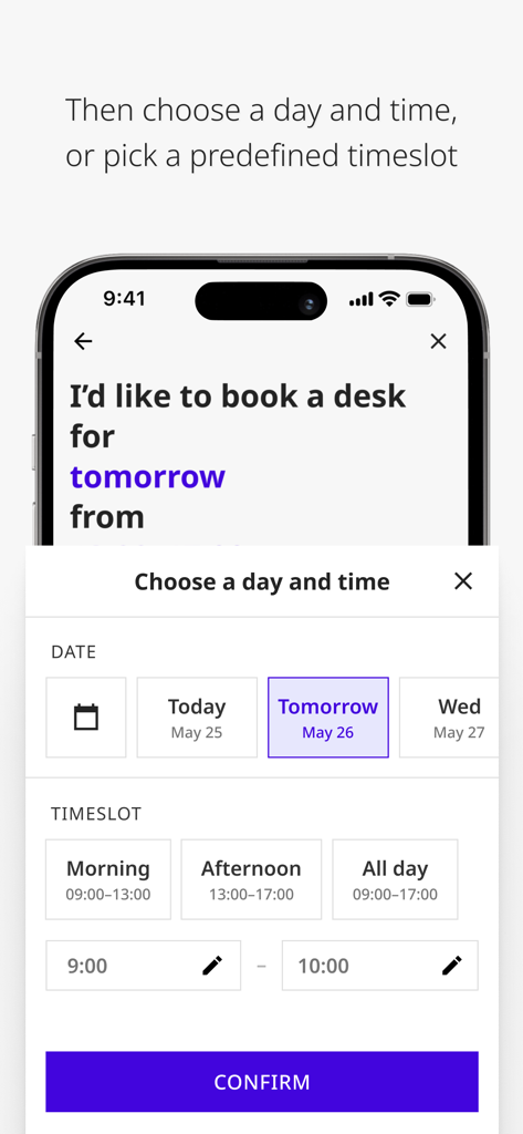 Joan Workplace - Interface of the Joan Workplace app showing options to select a date and timeslot for booking an office desk.