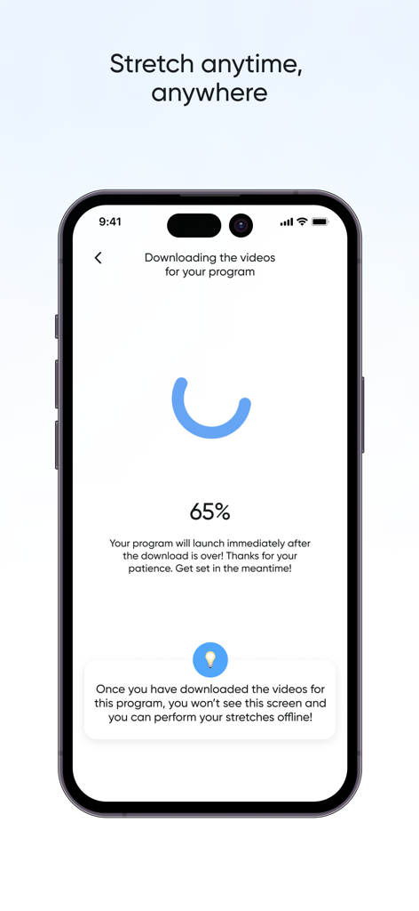 Stretch Zone and Flexibility - A progress screen in the Stretch Zone app showing a video download for offline stretching routines.