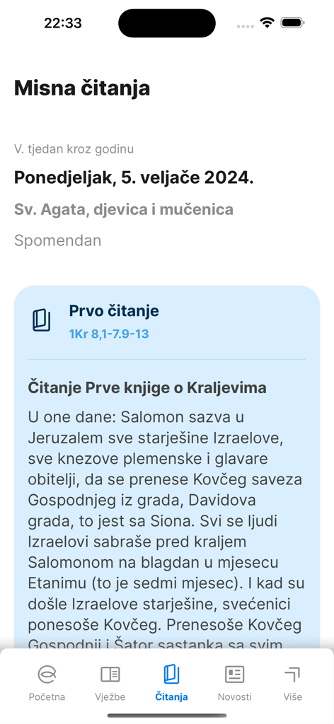 Daily mass readings page in the e-Duhovne vjezbe Croatian Catholic app