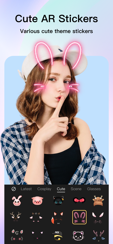 A woman using a neon bunny ears AR sticker from the PrettyMe beauty camera app