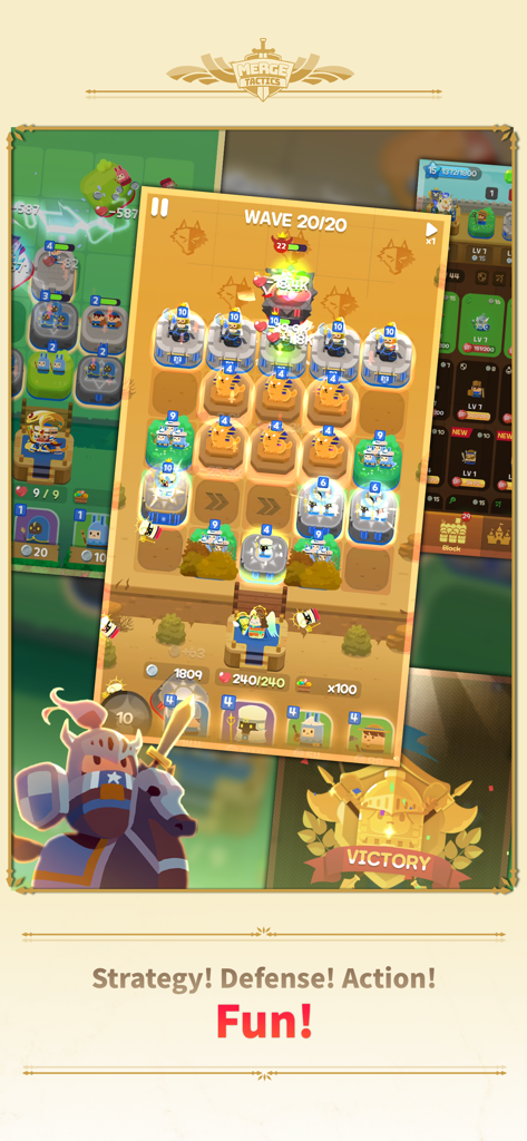 Gameplay of Merge Tactics showing a castle defense battle with merged units