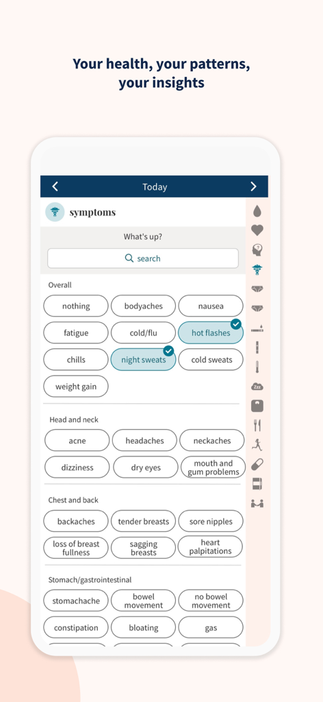 Ovia app symptom tracking screen displaying various health categories like overall head neck chest and gastrointestinal symptoms