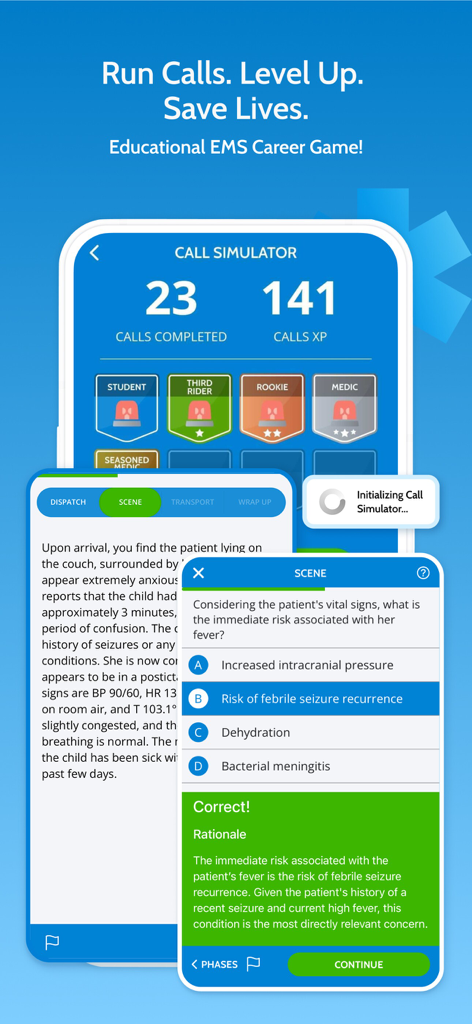 MedicTests 2026 EMS Education - EMS call simulator interface showing clinical scenarios and student progress ranks in the MedicTests app