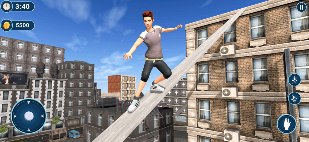 Rooftop Runner Parkour Go Up - A character balances on a narrow beam between urban buildings in the Rooftop Runner game