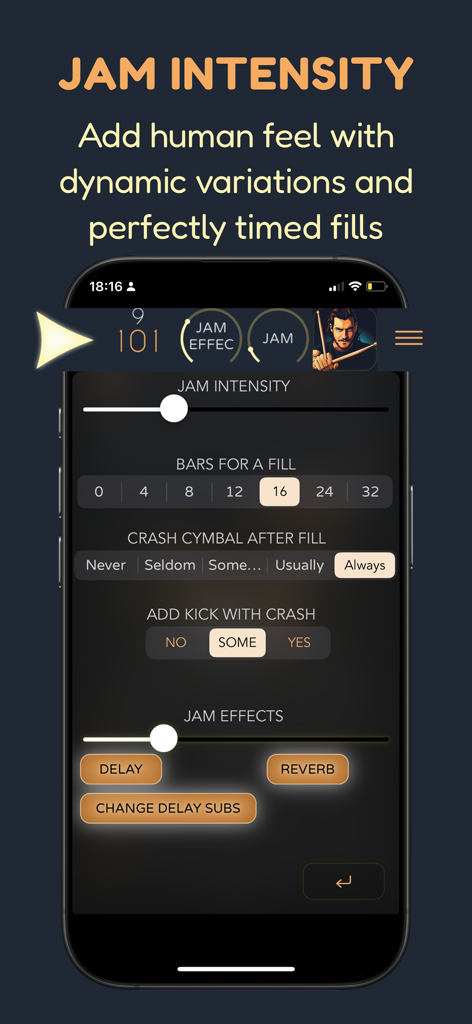 Pop Drummer -Real Drum Machine - Mobile app interface showing jam intensity and drum fill settings for Pop Drummer