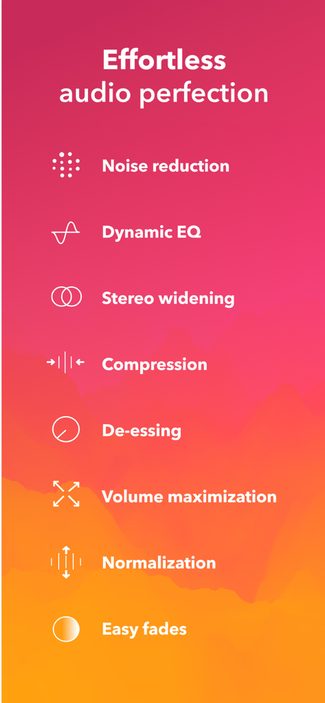 List of automated audio processing features in the Dolby On app including noise reduction and dynamic EQ