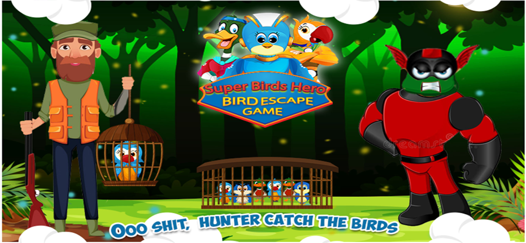 Superhero Bird VS Hunter - A hunter holding a cage of birds in a jungle next to superhero characters from the Superhero Bird VS Hunter game.
