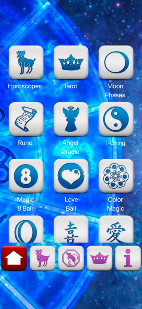 Horoscopes and Tarots - Menú principal de la aplicación móvil Horóscopos y Tarots que muestra iconos de astrología y adivinación