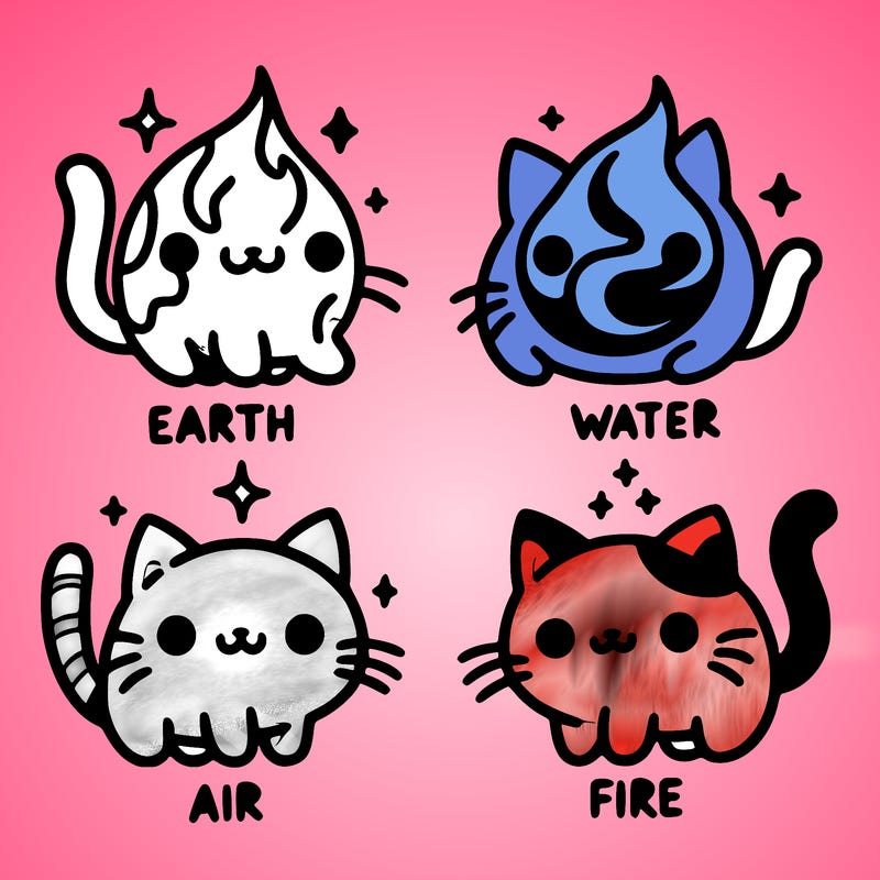 4 cats that represent the different elements, earth, water, air, and fire