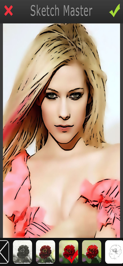 Retrato de una mujer rubia con un efecto de filtro de dibujo animado en la aplicación Sketch Master
