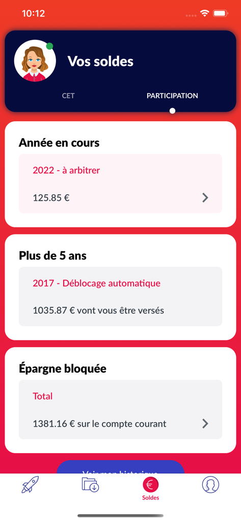 Schermata dell'app mobile Supplayer che mostra i saldi di partecipazione e i risparmi dei dipendenti