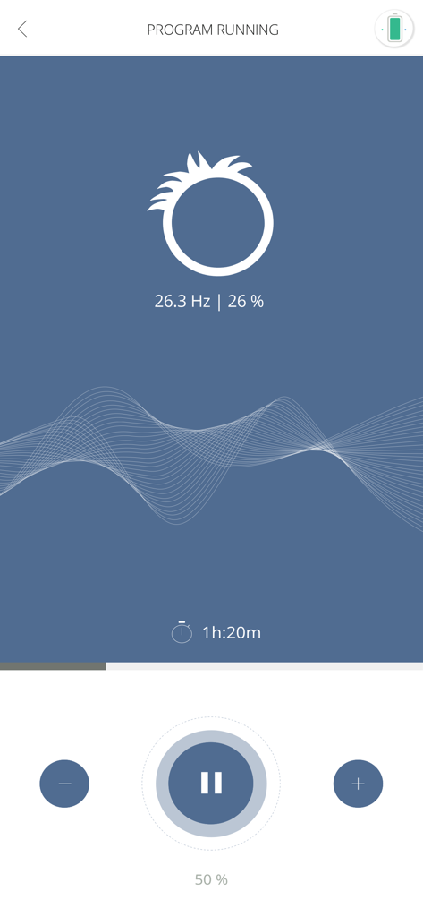 Healy 2 app screen showing an active wellness program with frequency data and progress timer