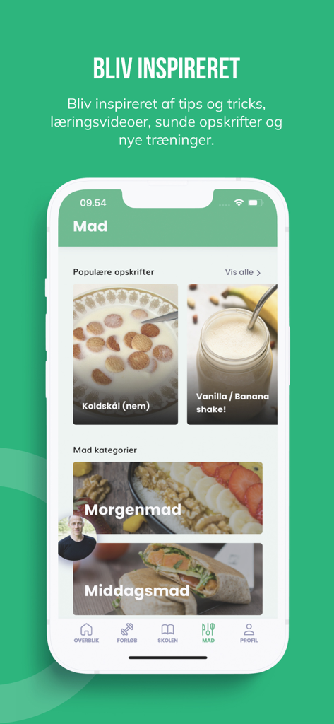 Sund med Duer - Interface do aplicativo Sund med Duer exibindo receitas saudáveis e categorias para café da manhã e almoço