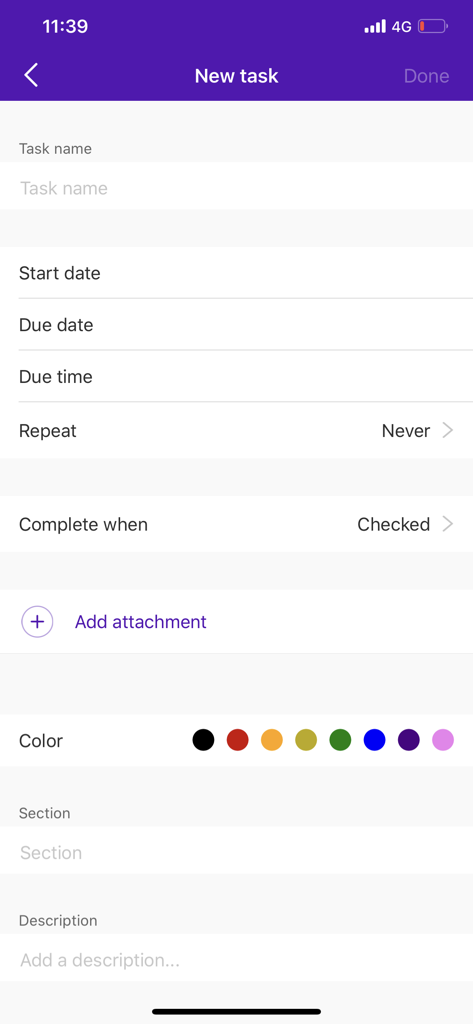 BT Cloud Work - Interface of the BT Cloud Work mobile app showing the fields for creating a new professional task including dates and attachments