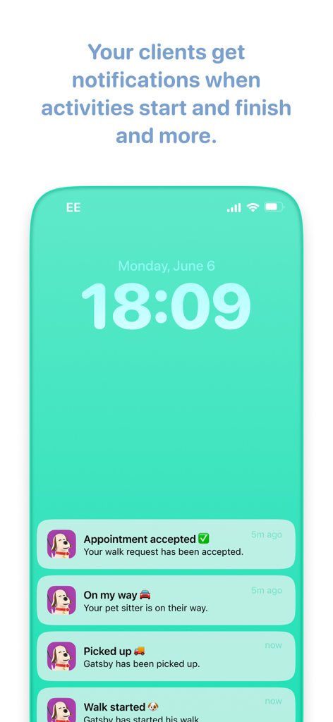 Walkies: Pet Sitting & Walking - Smartphone lock screen showing real-time pet care status notifications like Appointment accepted and Walk started.