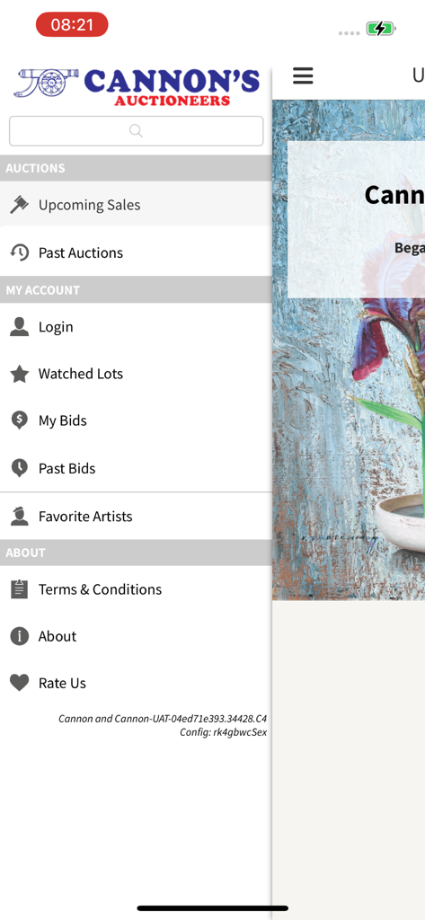 Navigation menu of the Cannons Auctioneers mobile app showing links for upcoming auctions watched lots and account login