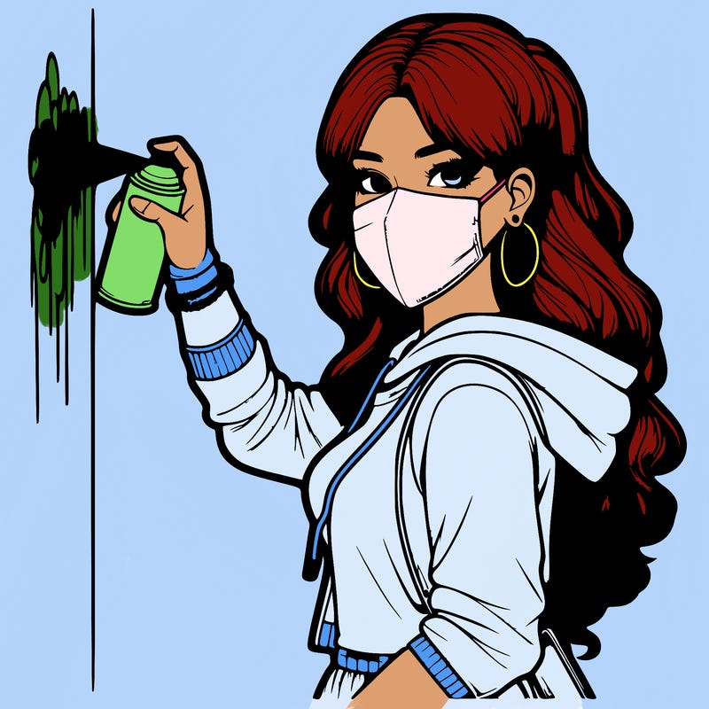 realistic girl with mask spray painting a wall