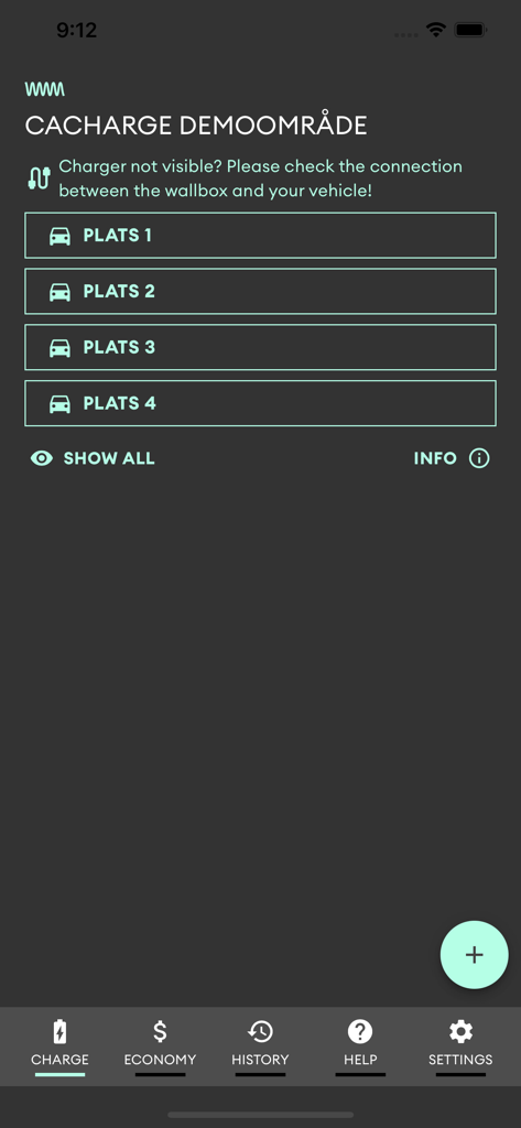 Waybler app screen displaying available charging spots and connection status