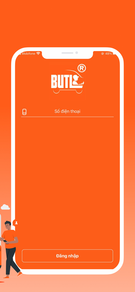 BUTL - Tài Xế - Login screen of the BUTL driver mobile application with an orange interface and phone number entry field