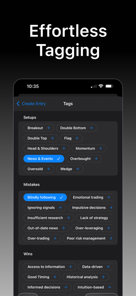 Trading Journal - Track Trades - Mobile app interface showing categorized tags for trading setups mistakes and wins to help analyze trader performance