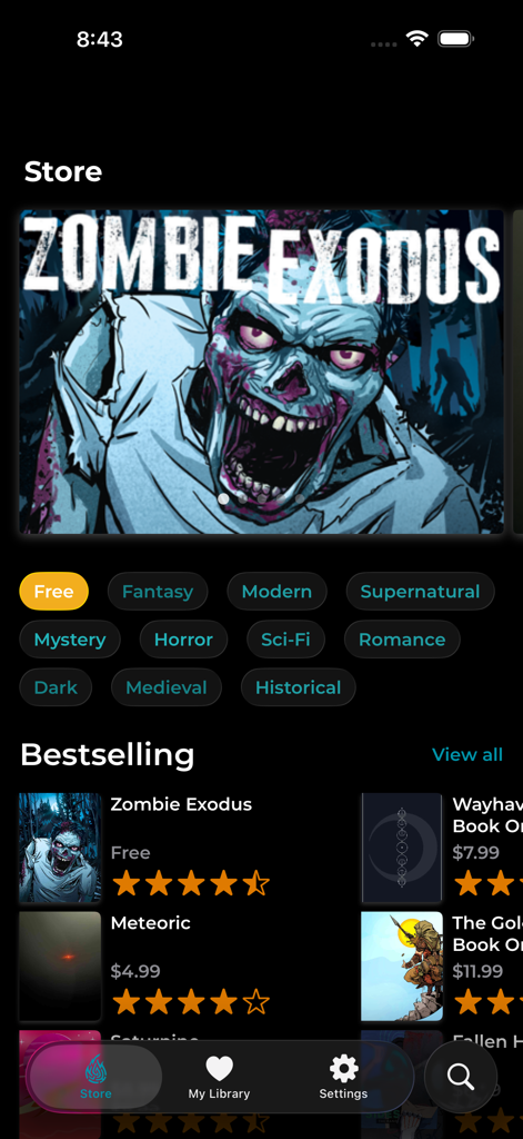 Hosted Games app store interface showing bestselling interactive novels and genre tags like Horror and Fantasy