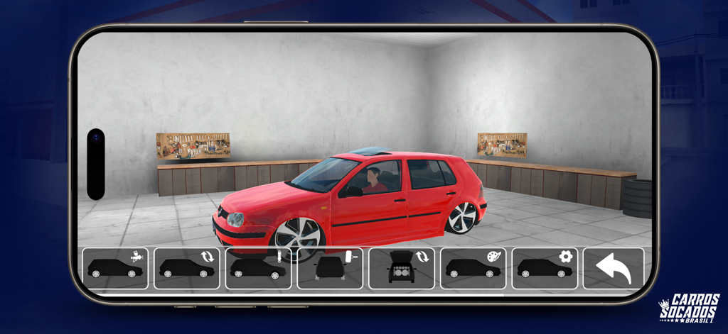 Carros Socados Brasil - Rotes, tiefergelegtes Auto in einem Werkstatt-Anpassungsmenü des mobilen Spiels Carros Socados Brasil.