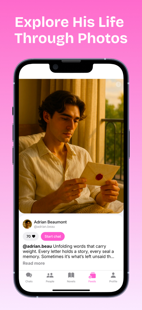 AI Boyfriend Chat - Husby - Screenshot of Husby app showing a social media style photo feed featuring an AI boyfriend character named Adrian Beaumont.