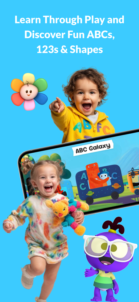 First | Fun Learning for Kids - Niños felices jugando y aprendiendo ABC y 123 con la aplicación First en un smartphone.