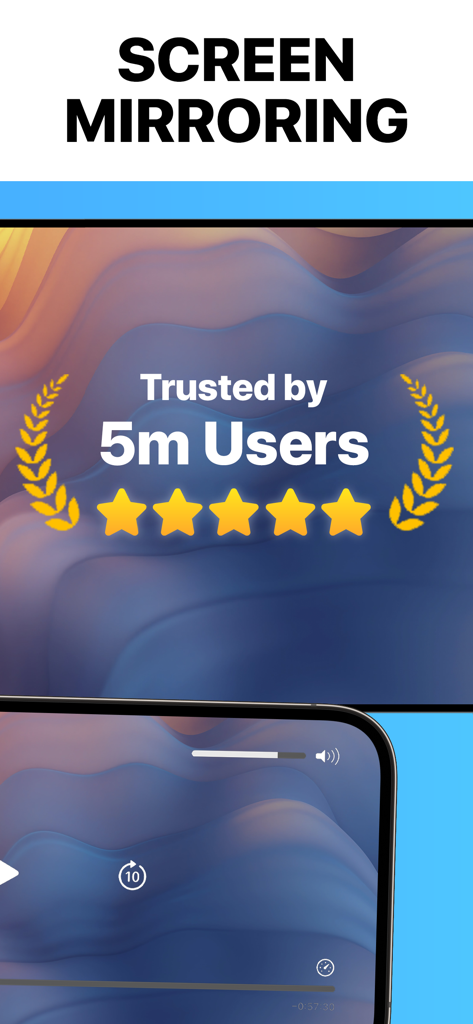 Screen Mirroring app promotional screen featuring 5 million users and a 5 star rating