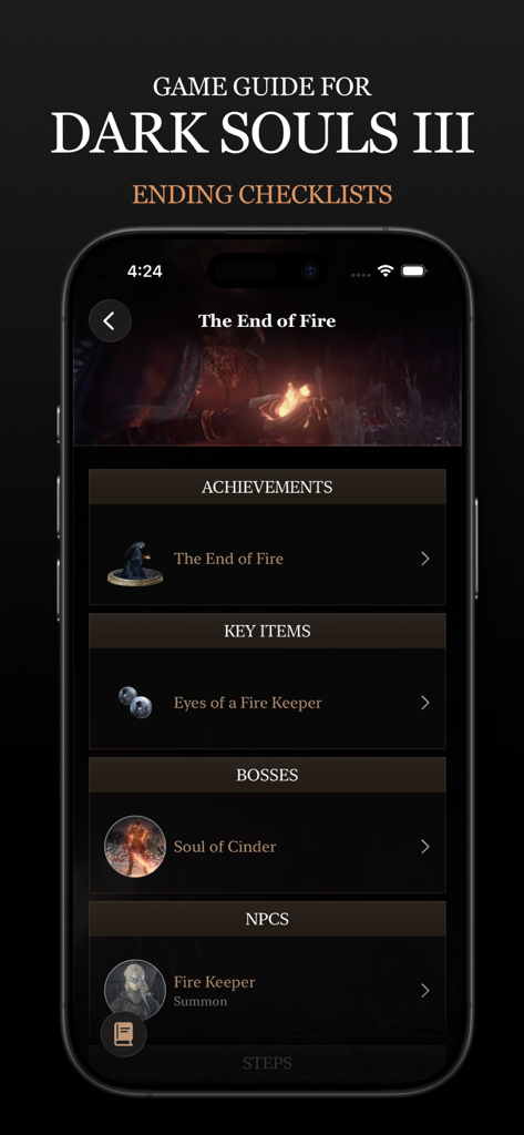 Game Guide for Dark Souls III - Mobile app screenshot of Dark Souls 3 guide showing the ending checklist for The End of Fire