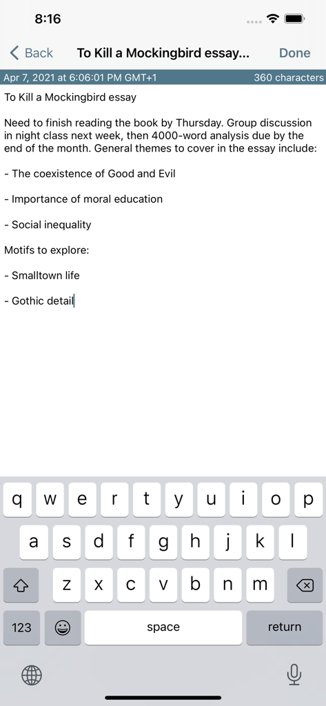 TypeIt4Me Touch - Drafting an essay note with the TypeIt4Me Touch mobile interface and keyboard.