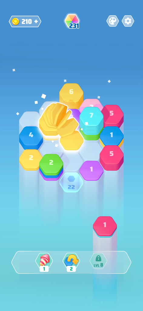 Colorful hexagonal tiles stacked in a sorting puzzle game interface