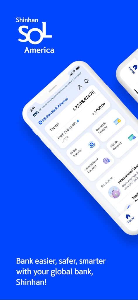 Shinhan Bank America - Shinhan Bank America mobile app dashboard showing account balance and money transfer features.