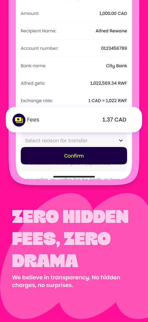Misan by Bamboo: Pay & Send - A mobile screen from Misan by Bamboo showing a currency transfer from CAD to RWF with clear fee disclosure and a confirm button