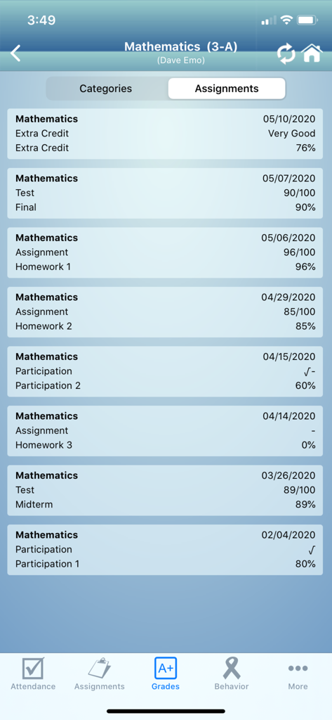 COOLSIS Family Access - Mobile screen of COOLSIS Family Access showing student mathematics assignment grades and test scores