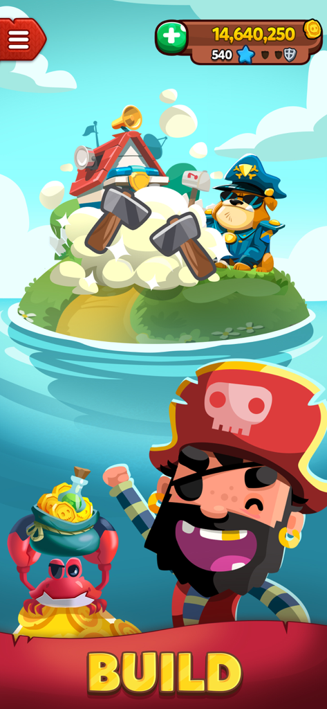 Pirate character cheering while an island is being built in the Pirate Kings mobile game