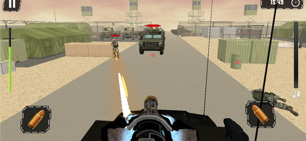 US Army Gunner Battle City War - First person view of a machine gunner attacking enemies in a military base